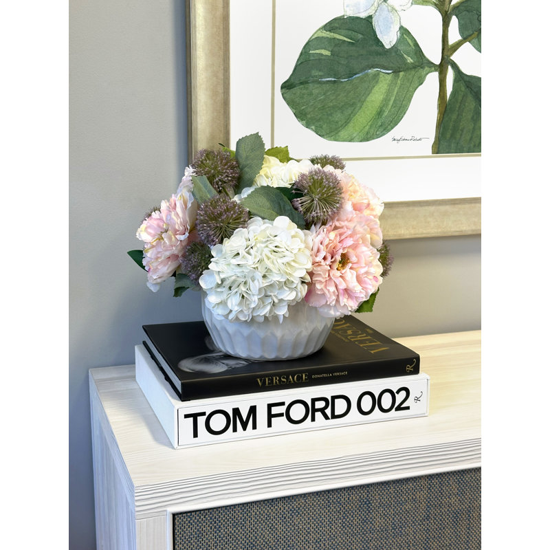 Peonies with Hydrangeas and Thistle in Ceramic Vase