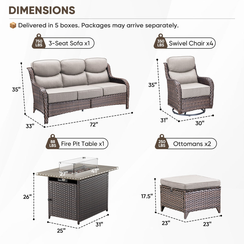 Ensemble de conversation pour patio en osier 8 pièces Heritage, 8 pièces: canapé, foyer, 4 chaises, 2 repose-pie, Beige, Brun