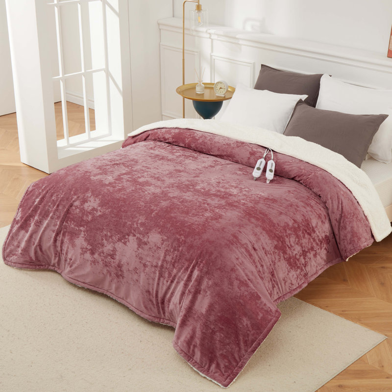 Couverture chauffante électrique en velours doux à double commande, chauffage rapide avec 4 niveaux de chaleur, arrêt automatique après 10 h, lavable à la machine, protection contre la surchauffe certifiée ETL - Rose, 229 x 254 cm (King)