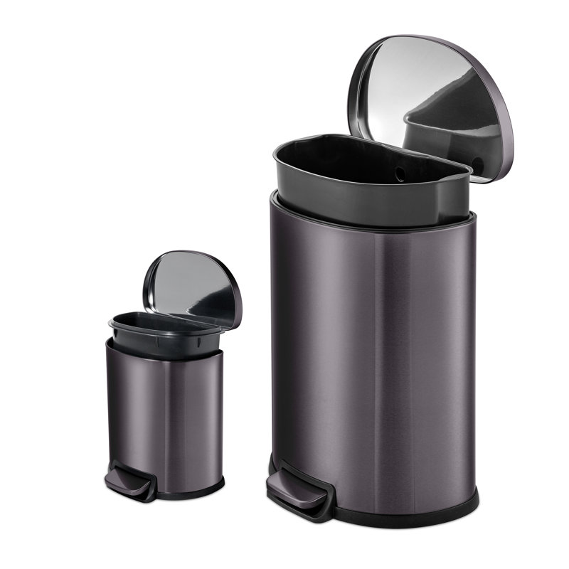 Black Stainless Steel D-Shape Step Trash Can Set with Pedal