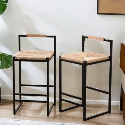 Set Of 2 Bar Stools With Woven Paper Rope Seat And Back