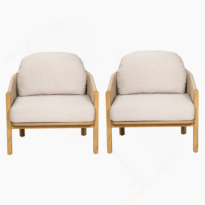 Fauteuil club d'extérieur en bois, corde beige avec coussin beige, ensemble de 2