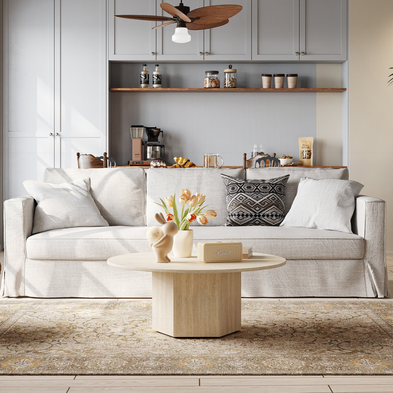 35.43” Modern Wood Round Coffee Table with Faux Travertine Finish, Mid-Century Modern Accent Table for Living Room, Easy Assembly