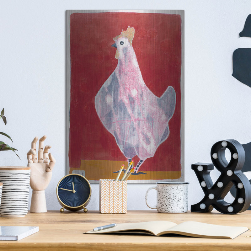 "Poule blanche, fond rouge 3" par Maria Pietri, H 16 po x l 12 po