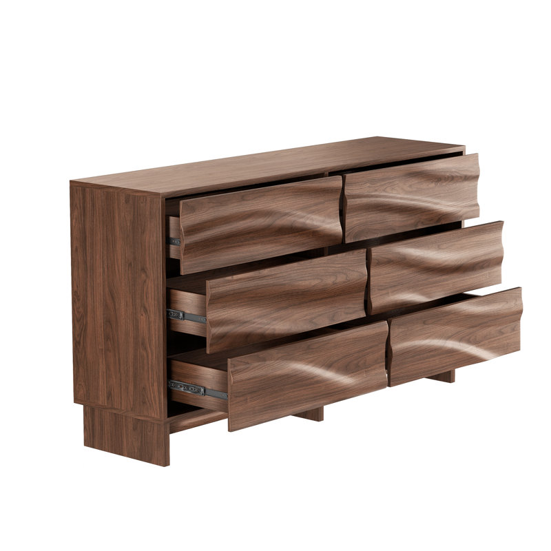 Buffet ondulé avec 6 tiroirs en grain ondulé noyer, 59 po de largeur