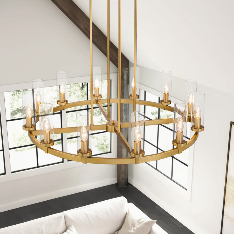 Andrade 12-Light Dimmable Metal Wagon Wheel Chandelier, Gold