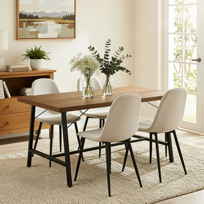 63" 5-Piece Rectangular Dining Table Set with 4 Upholstered Chairs, Modern Wood-Look Kitchen Dining Set with Metal Frame