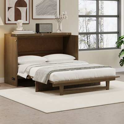 Farmhouse Style Queen Size Cabinet Murphy Bed With Charging Station And Large Storage Drawer, Geometric Veneer Foldable Murphy Bed For Home Office, Li -  Loon Peak®, C031D5258F564984B6948294F5AC24EF