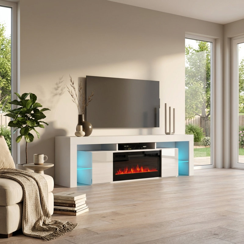 Soleo 78.7" Modern TV Stand with Electric Fireplace, High Gloss Finish, Media Storage, White