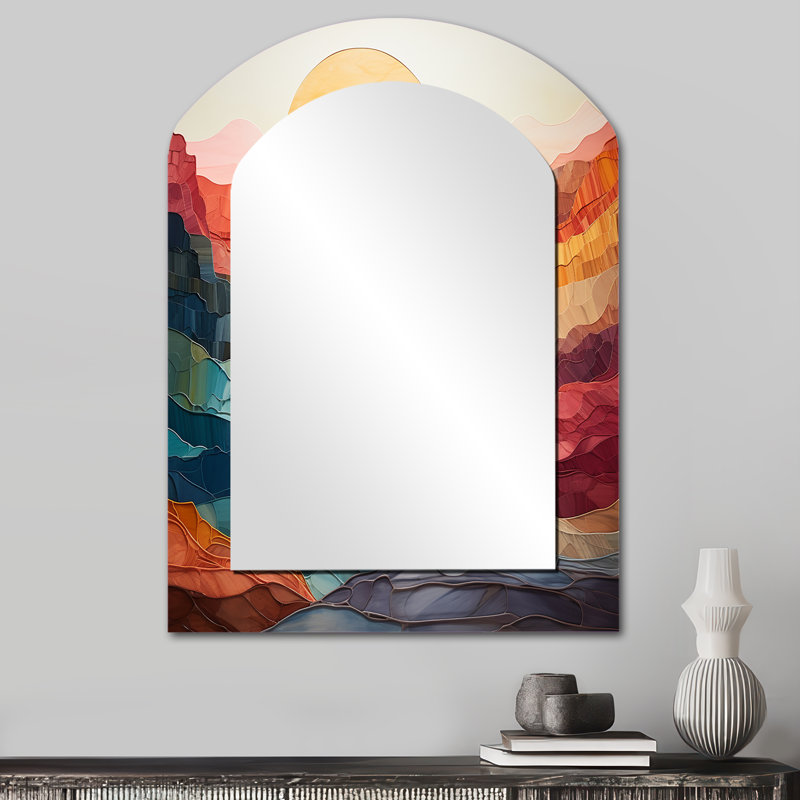 «Pastel Bold Sunset Landscape II - Mountains Arch Wall Mirror», corail, 34 po x 25 po