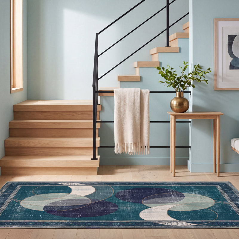 Tapis Alder2 Modern Circles géométrique bleu sarcelle et blanc, lavable à la machine, antidérapant, à poils courts, pour l'intérieur et l'extérieur, adapté aux animaux domestiques, idéal pour le salon, la chambre, la salle à manger, l'entrée, le corridor ou le bureau.