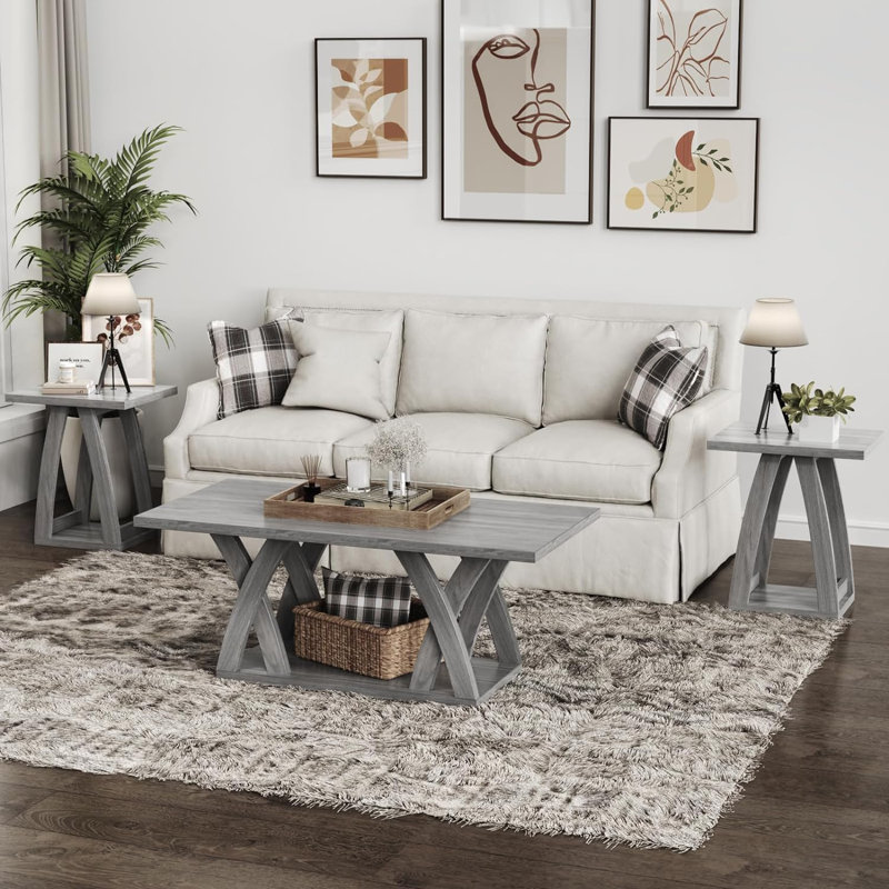 Gray Engineered Wood Square End Table Set with Shelf