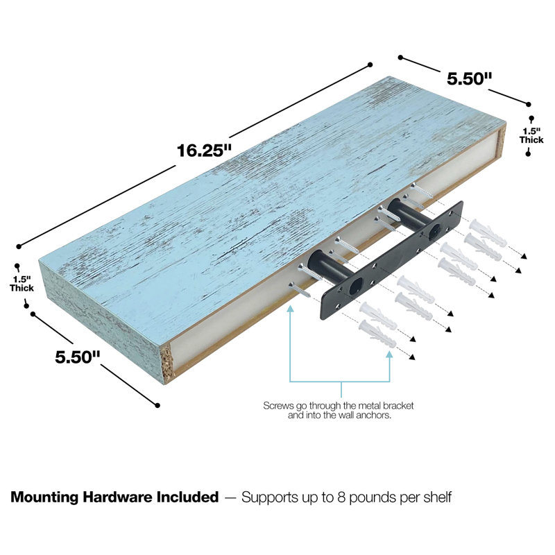 Sorbus 16" Long Floating Shelves with Invisible Mounting - Set of 3, Blue/White, Blue/White
