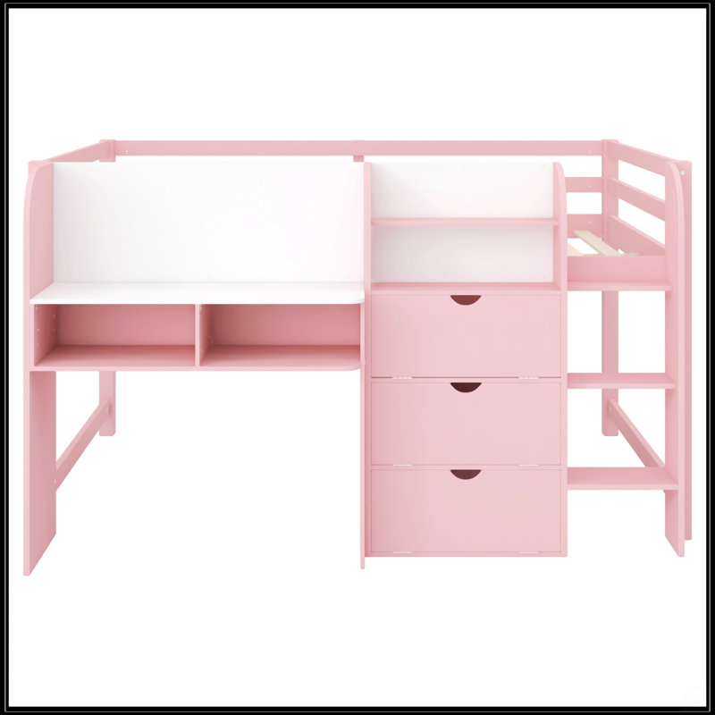 Lit mezzanine double pleine grandeur avec bureau intégré, Rose