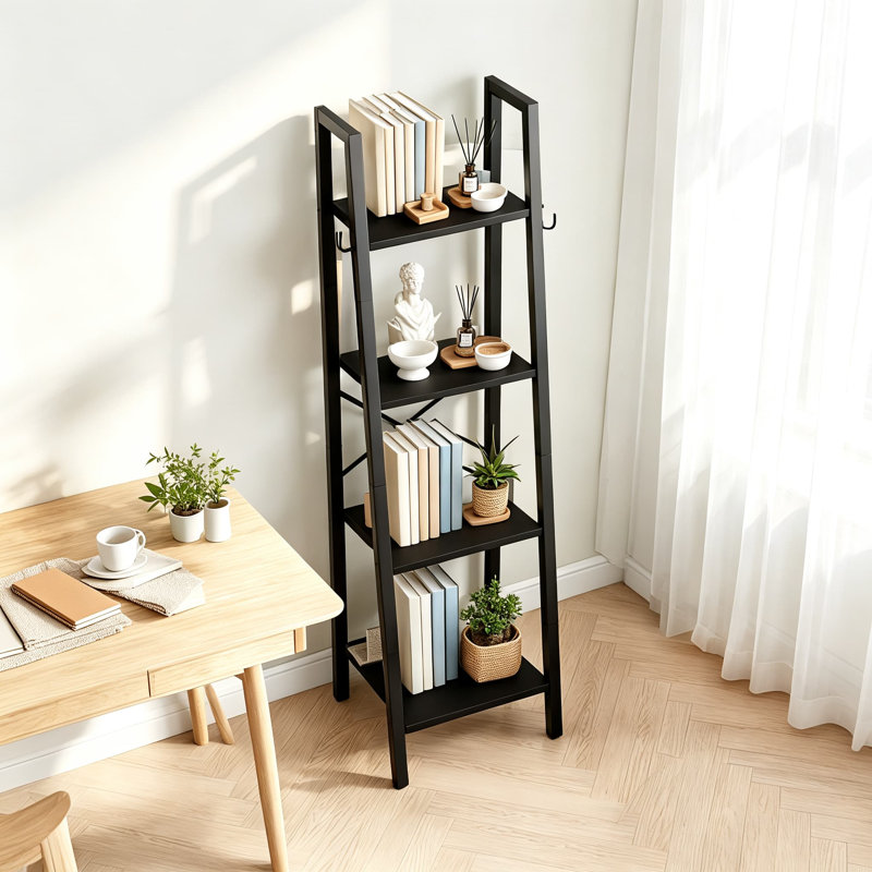 Bibliothèque échelle industrielle avec tablette ouverte et crochets en S, bibliothèque haute et étroite pour chambre, bureau ou salon.