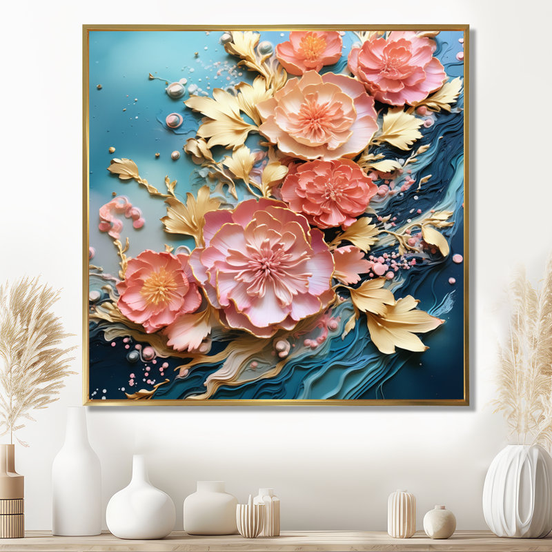 Vague en fleurs roses et dorées - décoration murale art floral moderne, Toile avec cadre flottant or