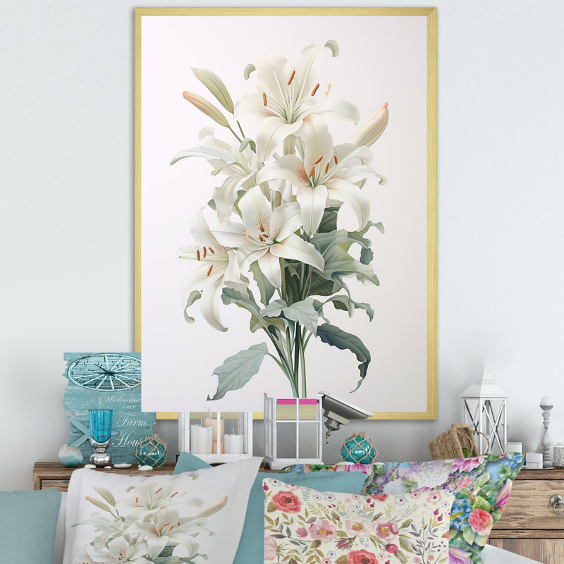 «White Lilies In Bloom Beauty IV» sur toile, Cadre doré simple, H 44 po x l 34 po x P 1,5 po