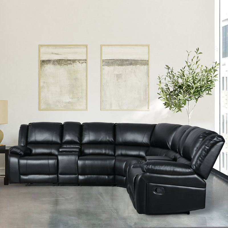 Wynyard 109" Wide Faux Leather Reversible Reclining Corner Sectional, Black Faux Leather