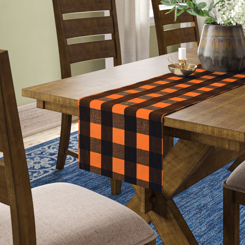 Loa Plaid Cotton Table Runner, Black/Orange