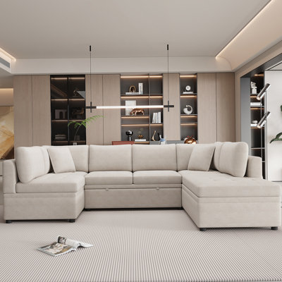 Beige Chenille With Square Arms Sofa