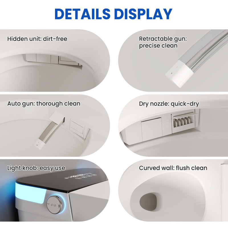 Tankless Modern Luxury Electric Toilet – Smart Toilet with Built‑in Bidet, Heated Seat, Warm Water Wash, Foot Sensor Operation, Air Dryer & LED Display