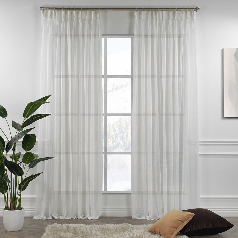 Triple Pinch Pleated Extra Long and Extra Wide Faux Linen Sheer Single Panel, Cream, 26" W x 63" L