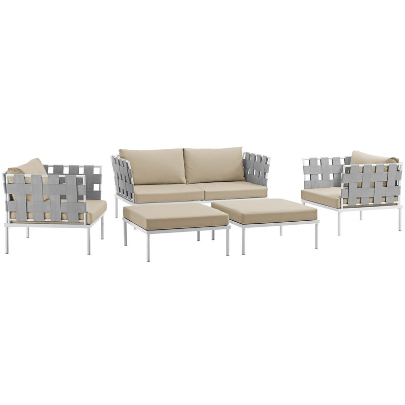 Modway Harmony 5 Piece Outdoor Patio Aluminum Sectional Sofa Set, Beige
