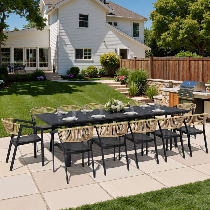 12 - Person Aluminum Outdoor Dining Set With 8-Pound Stacking Chairs And Umbrella Hole, 118'' In. W X 41.7'' In. D, Brown
