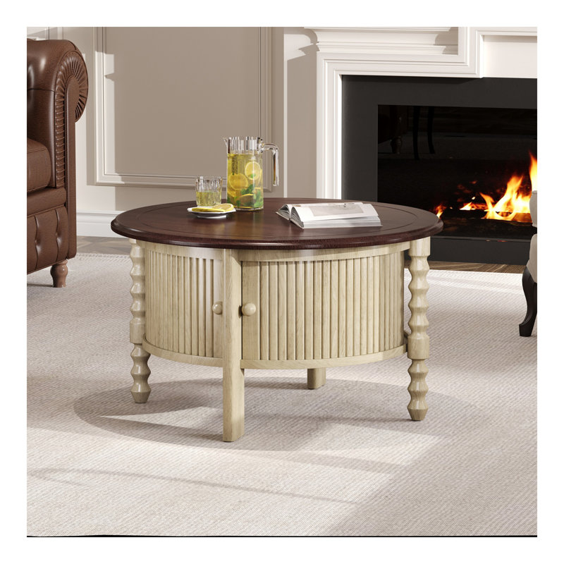 Table basse ronde 30 "avec rangement et porte coulissante Vintage, Naturel, Noir