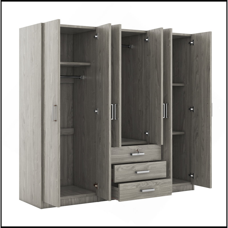 Rangement à 6 portes pour garde-robe en bois pour chambre à coucher, avec grands tiroirs, gris, Gris