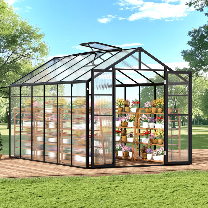 Polycarbonate Greenhouse Outdoor Walk-in Greenhouse for Garden, 81.12" H x 136.20" W x 92.88" D, Black