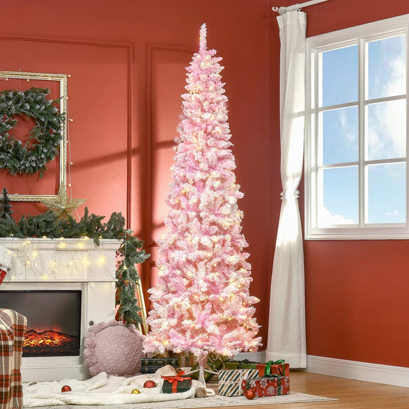 Arbre de Noël artificiel enneigé 7,5 pi avec forme de crayon, branches de pin réalistes, lumières DEL blanc chaud, ouverture automatique