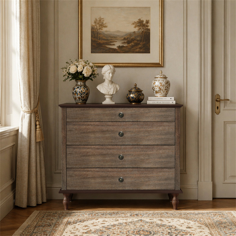 Grande commode à 4 tiroirs avec pied en bois massif, Deep Rustic Brown