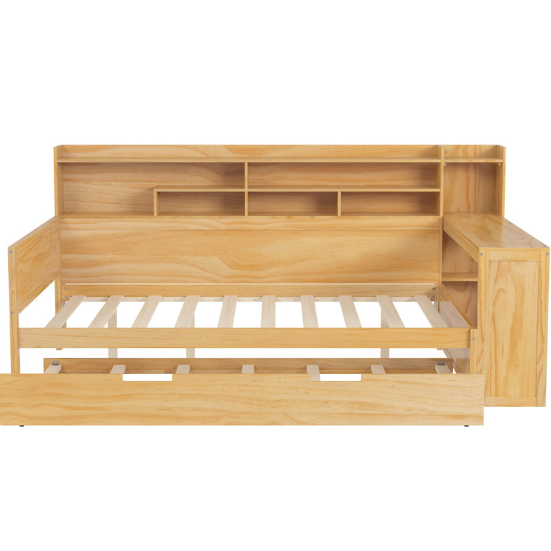 Wooden Daybed With Trundle And Practical Desk Layout Storage Study - Quality Wood Construction, Full, Natural