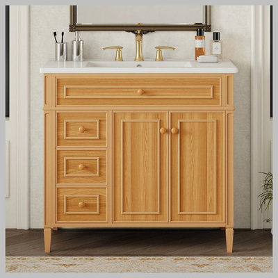 Meuble-lavabo de 36 po avec lavabo, meuble-lavabo en bois avec tiroir rabattable, 3 tiroirs, 2 portes à fermeture en douceur, bois massif et panneau de fibres à densité moyenne, poignées en bois d'hévéa élégantes