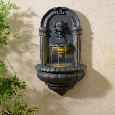 Tiered Lion Head Outdoor Water Wall Fountain with LED Light and Pump