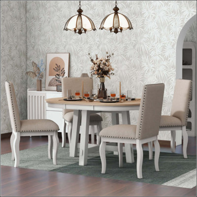 5-Piece Farmhouse Dining Table Set Wood Round Extendable Dining Table and 4 Upholstered Dining Chairs