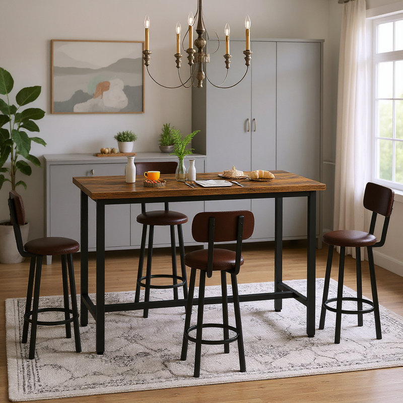 Enchantyd 5 Piece Kitchen & Dining Room Set with 4 Stools, Black, Rustic Brown