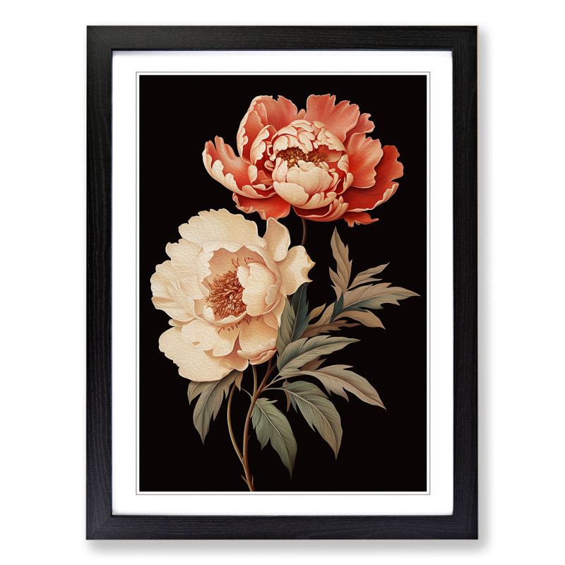 Peony Flower Deco - Single Picture Frame Print on Wood, Black, 46cm H x 34cm W x 2cm D