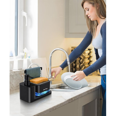 Distributeur de savon pour les mains et la vaisselle avec plateau, distributeur double de savon avec porte-éponge et porte-torchon, organisateur 5 en 1 pour évier et comptoir - Accessoires de cuisine pratiques