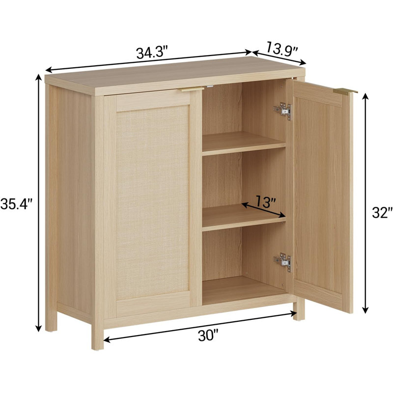 Rattan Buffet Cabinet with 2 Drawers, Light Oak Shaker Style Sideboard Storage Cabinet with Adjustable Shelf for Dining Room, Kitchen & Entryway
