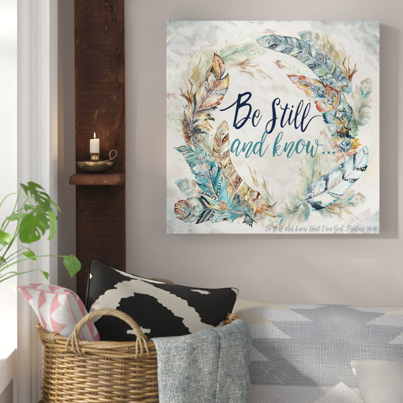 «Feather Wreath: Be Still and Know», reproduction de peinture à l'aquarelle sur toile tendue, H 18 po x l 18 po