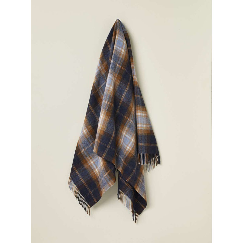 Jeté tissé en laine d'agneau Merino, Bleu / orange / damier bleu marine