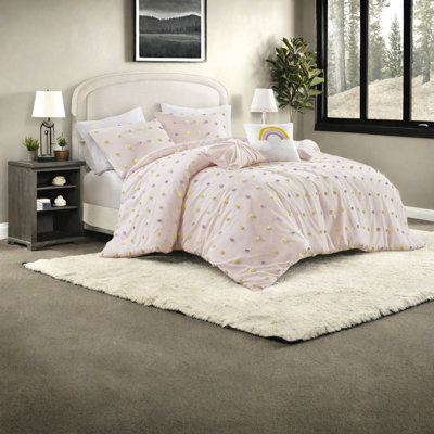 Ensembles de literie pour grand lit en coton certifié, édredon à pompons rose pour la maison