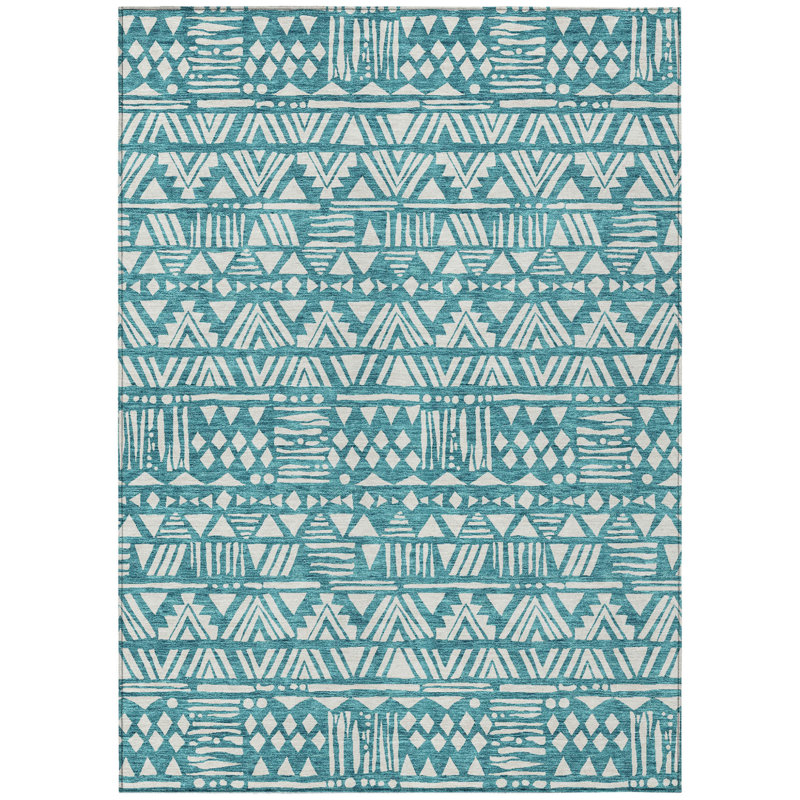 Tapis bleu sarcelle et ivoire intérieur / extérieur 5 pi x 8 pi