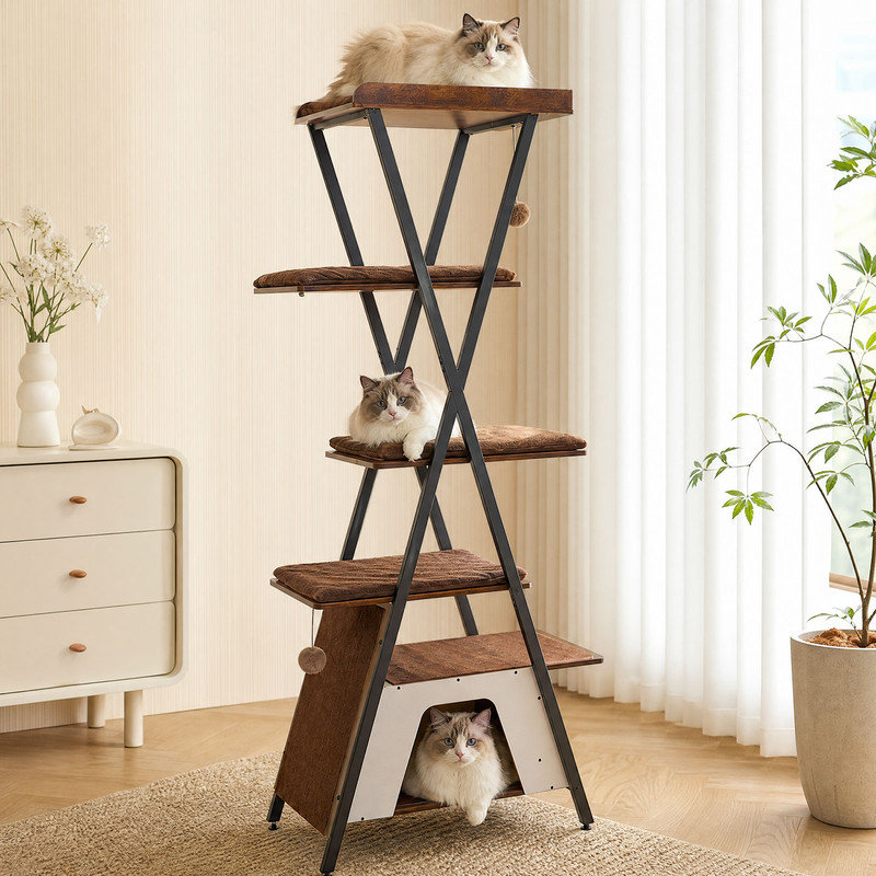 Arbre à chat moderne de 185 cm pour chats d'intérieur - Arbre à chat à plusieurs niveaux avec griffoirs, niches, grande plateforme et coussins amovibles - Meuble pour chat en bois