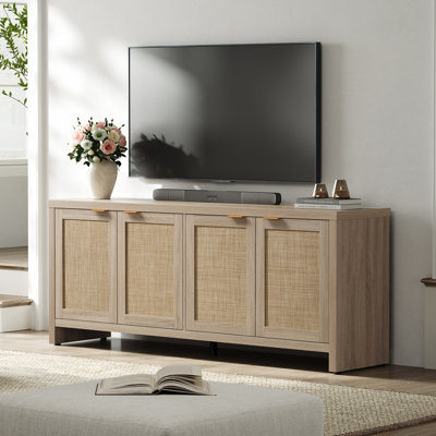 Boho TV Stand With 4 Rattan Storage Cabinets,  Farmhouse TV Entertainment Center For Tvs Up To 65''