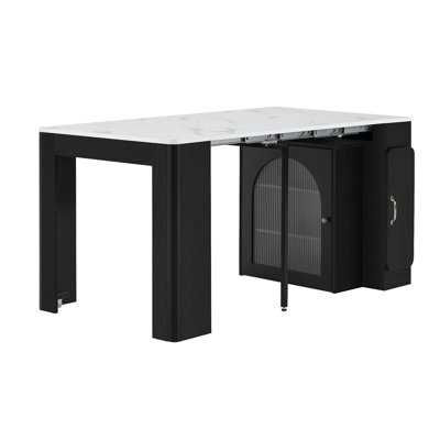 Table de salle à manger extensible avec 3 rallonges amovibles, table mobile pour îlot roulant avec prise de courant, armoire avec rangement pour la salle à manger et le salon (NOIR ET BLANC MARBRE)