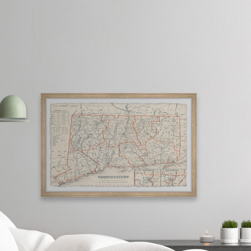 Red Outline Connecticut - Reproduction d'art graphique sur papier encadré, H 12 po x l 18 po x P 1,5 po