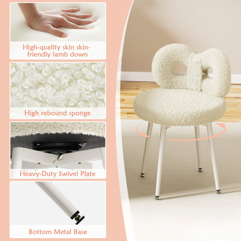 Vanity Chair With Back 17.7 Wide, Beige, White